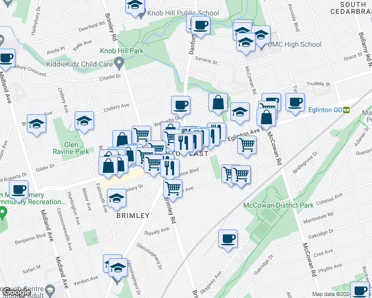 map of restaurants, bars, coffee shops, grocery stores, and more near in Toronto