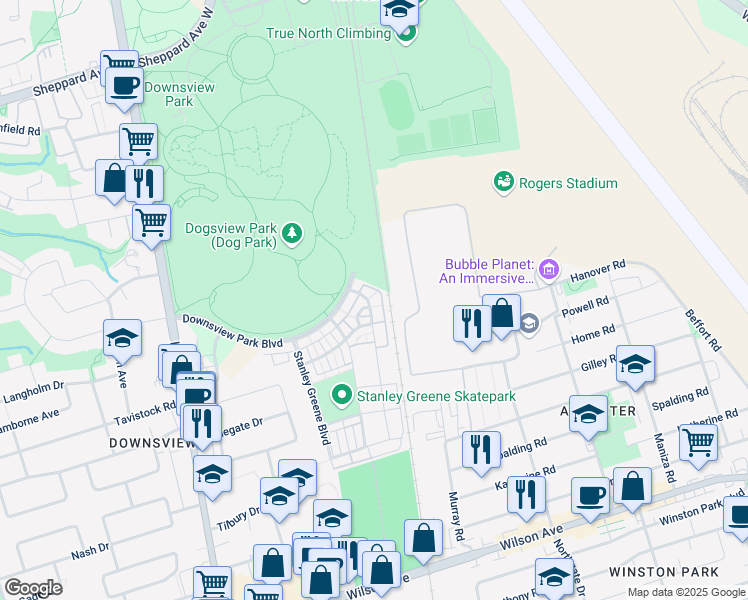 map of restaurants, bars, coffee shops, grocery stores, and more near in Toronto
