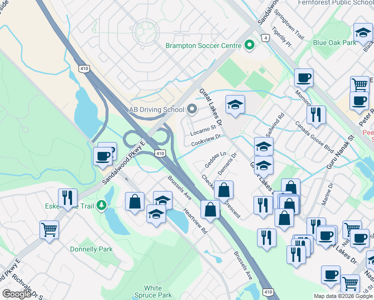map of restaurants, bars, coffee shops, grocery stores, and more near in Brampton