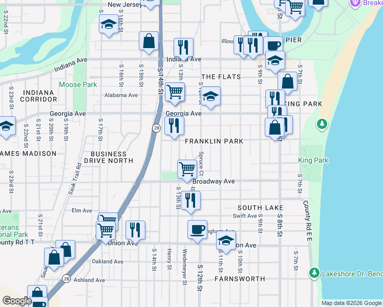 map of restaurants, bars, coffee shops, grocery stores, and more near 1613 South 12th Street in Sheboygan