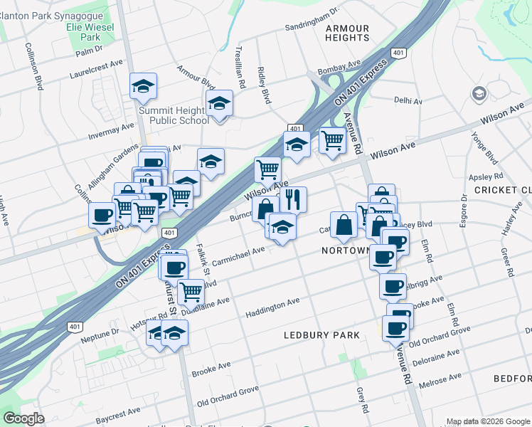 map of restaurants, bars, coffee shops, grocery stores, and more near 57 Burncrest Drive in Toronto