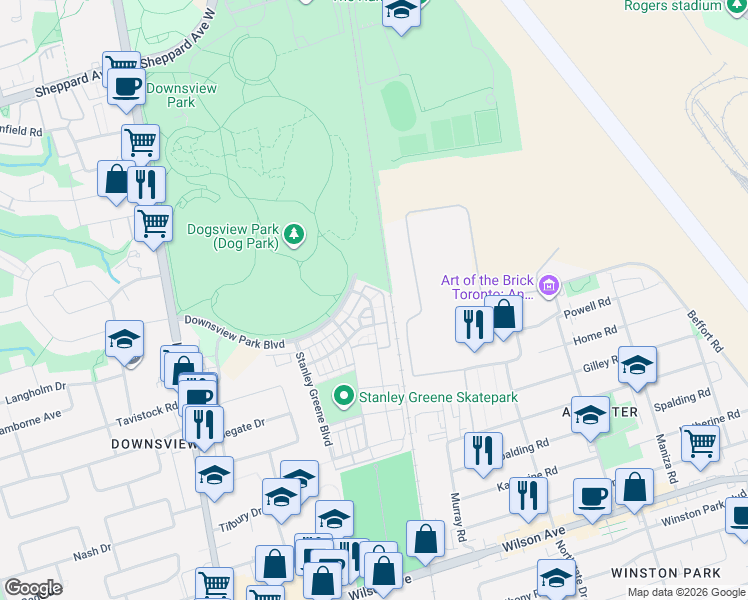 map of restaurants, bars, coffee shops, grocery stores, and more near 183 William Duncan Road in Toronto