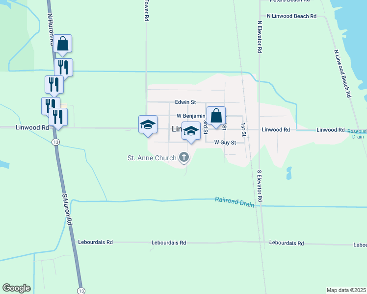 map of restaurants, bars, coffee shops, grocery stores, and more near 200 4th Street in Linwood