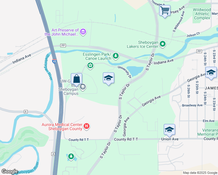 map of restaurants, bars, coffee shops, grocery stores, and more near 3323 University Drive in Sheboygan