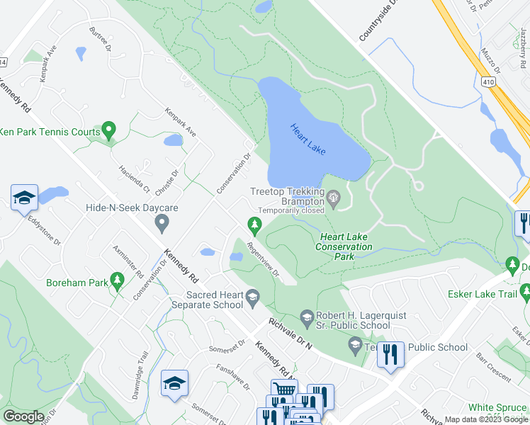 map of restaurants, bars, coffee shops, grocery stores, and more near 23 Brookbank Court in Brampton
