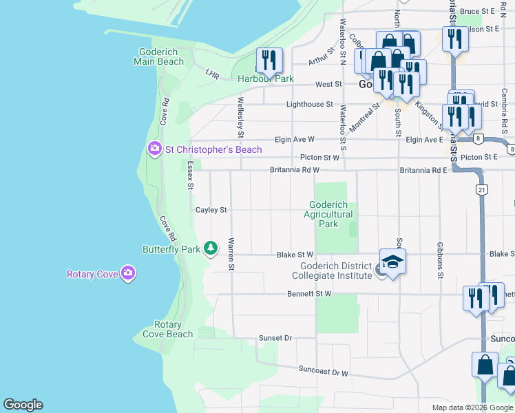 map of restaurants, bars, coffee shops, grocery stores, and more near 191 Cayley Street in Goderich