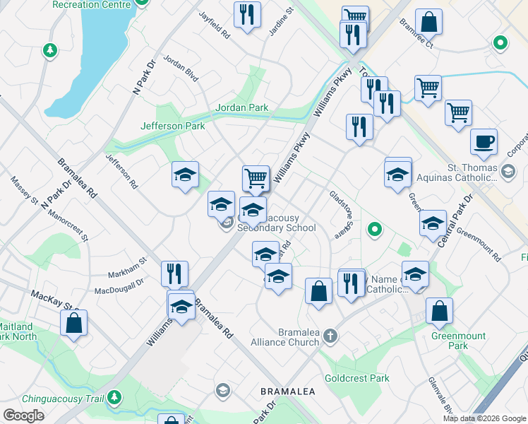 map of restaurants, bars, coffee shops, grocery stores, and more near 18 Gold Pine Court in Brampton