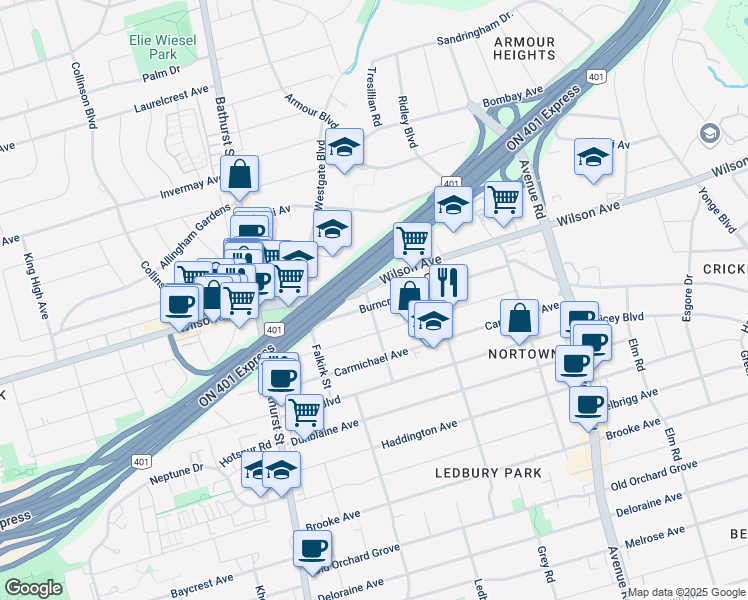 map of restaurants, bars, coffee shops, grocery stores, and more near 92 Burncrest Drive in Toronto