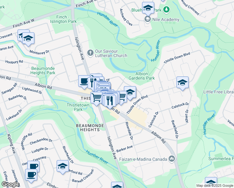map of restaurants, bars, coffee shops, grocery stores, and more near 28 Batawa Crescent in Toronto