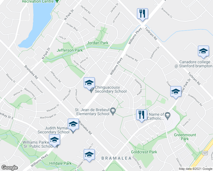 map of restaurants, bars, coffee shops, grocery stores, and more near 18 Gold Pine Court in Brampton