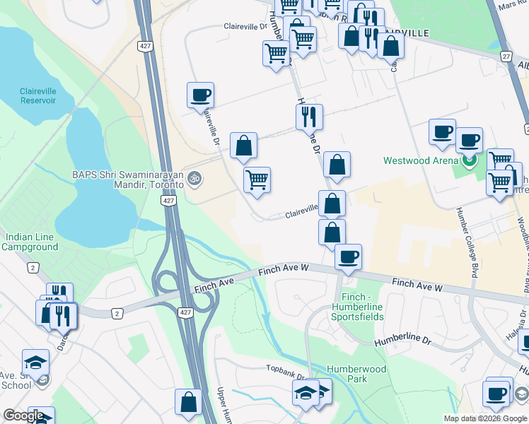 map of restaurants, bars, coffee shops, grocery stores, and more near 41 Claireville Drive in Toronto