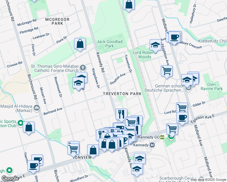 map of restaurants, bars, coffee shops, grocery stores, and more near 855 Kennedy Road in Toronto