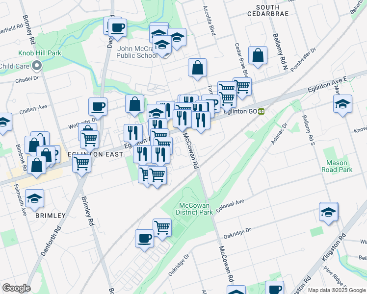 map of restaurants, bars, coffee shops, grocery stores, and more near 330 McCowan Road in Toronto