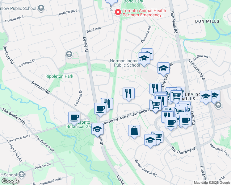 map of restaurants, bars, coffee shops, grocery stores, and more near 49 Norden Crescent in Toronto