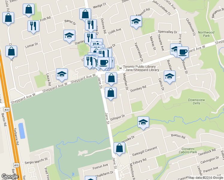map of restaurants, bars, coffee shops, grocery stores, and more near in Toronto