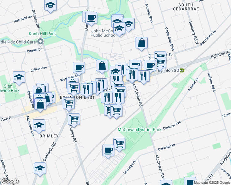 map of restaurants, bars, coffee shops, grocery stores, and more near 130 Barbados Boulevard in Toronto