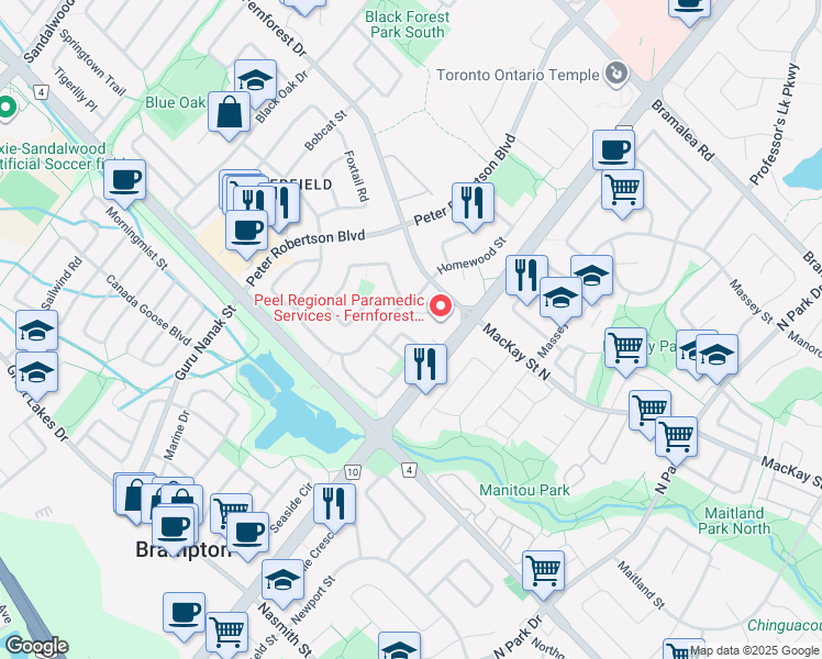 map of restaurants, bars, coffee shops, grocery stores, and more near 20 Morning Dew Crescent in Brampton