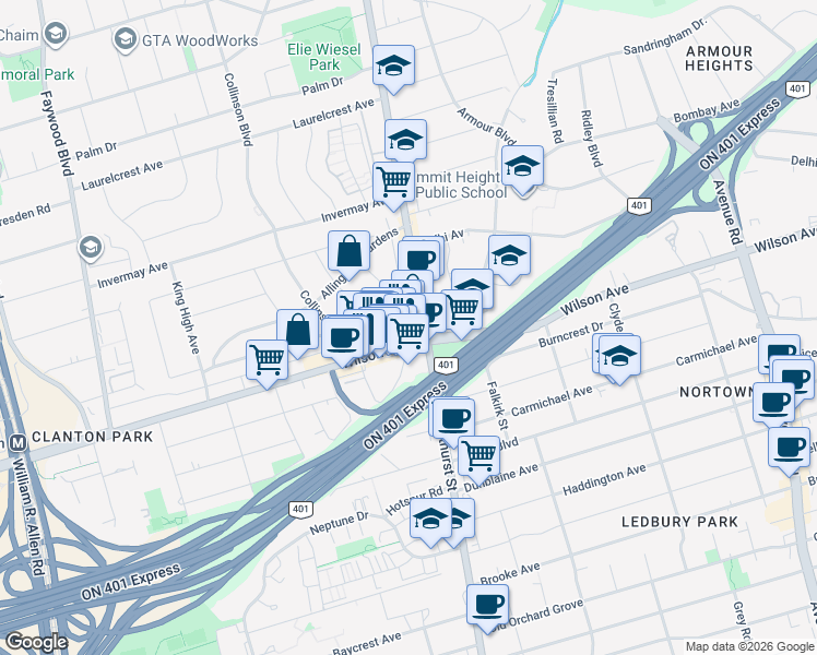 map of restaurants, bars, coffee shops, grocery stores, and more near 3768 Bathurst Street in Toronto
