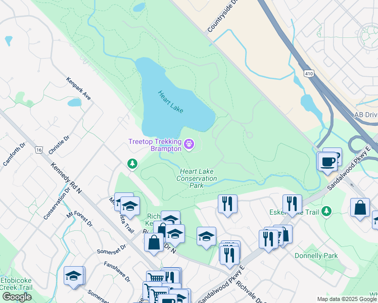 map of restaurants, bars, coffee shops, grocery stores, and more near 10818 Heart Lake Road in Brampton
