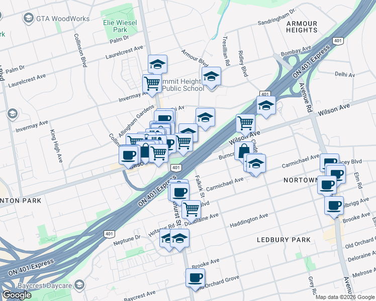 map of restaurants, bars, coffee shops, grocery stores, and more near 258 Wilson Avenue in Toronto
