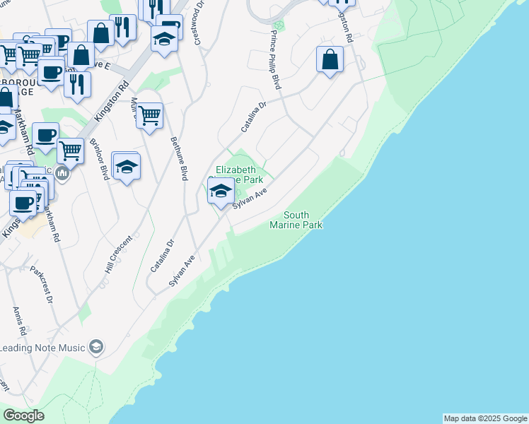 map of restaurants, bars, coffee shops, grocery stores, and more near 19 South Marine Drive in Toronto