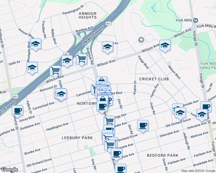 map of restaurants, bars, coffee shops, grocery stores, and more near in Toronto