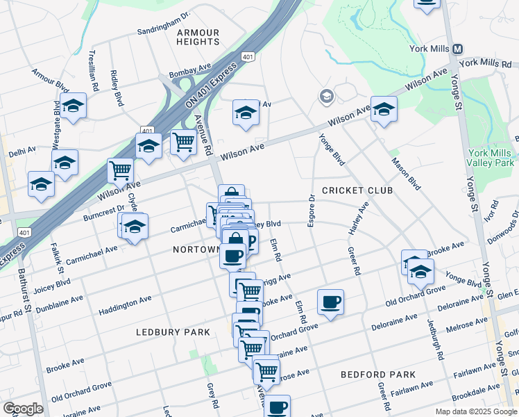 map of restaurants, bars, coffee shops, grocery stores, and more near 173 Ridley Boulevard in Toronto