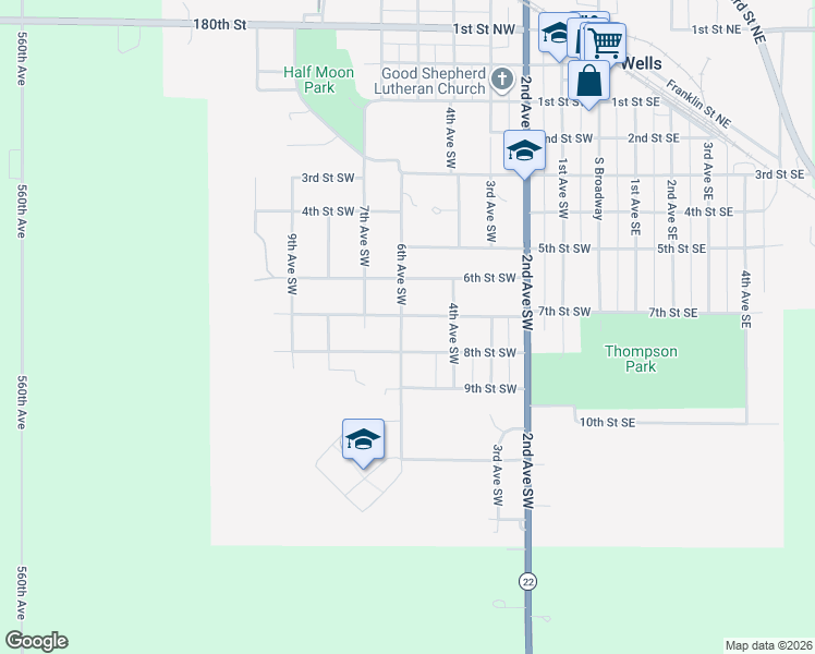 map of restaurants, bars, coffee shops, grocery stores, and more near 601 7th Street Southwest in Wells