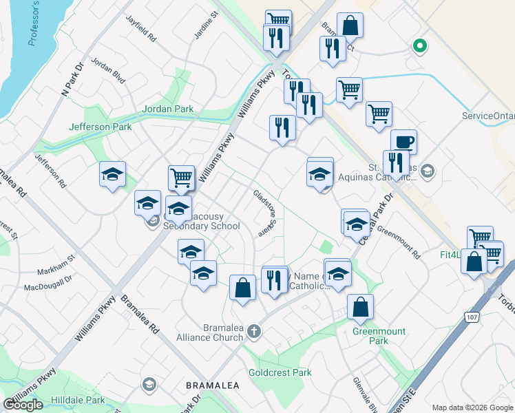 map of restaurants, bars, coffee shops, grocery stores, and more near 26 Garrison Square in Brampton