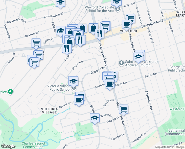 map of restaurants, bars, coffee shops, grocery stores, and more near 215 Sloane Avenue in Toronto