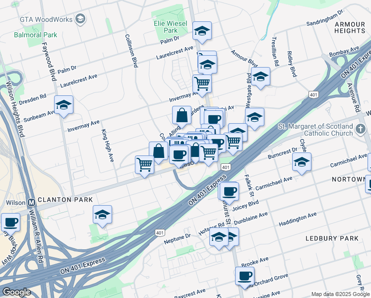 map of restaurants, bars, coffee shops, grocery stores, and more near 33 Charleswood Drive in Toronto