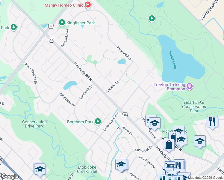 map of restaurants, bars, coffee shops, grocery stores, and more near 3 Christie Drive in Brampton
