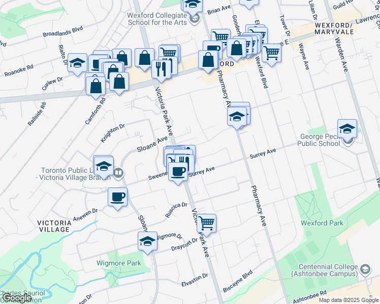 map of restaurants, bars, coffee shops, grocery stores, and more near 66 Inniswood Drive in Toronto