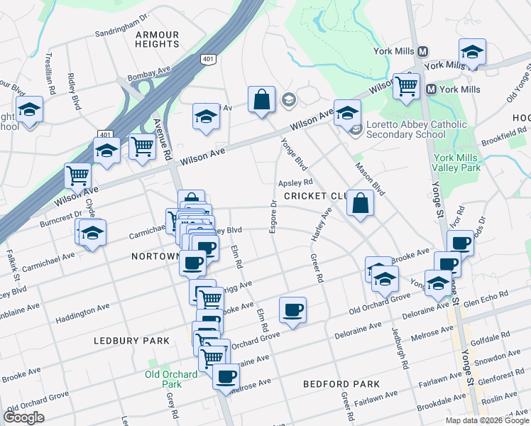 map of restaurants, bars, coffee shops, grocery stores, and more near 74 Esgore Drive in Toronto