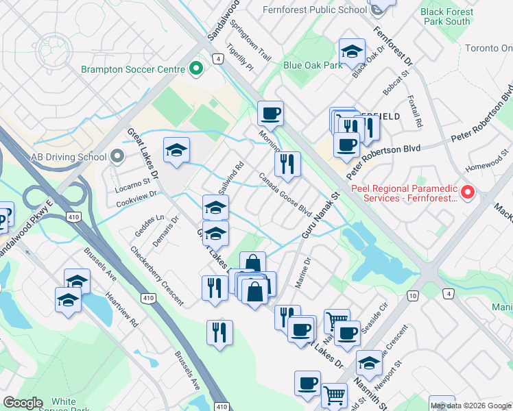 map of restaurants, bars, coffee shops, grocery stores, and more near 21 Pacific Wind Crescent in Brampton