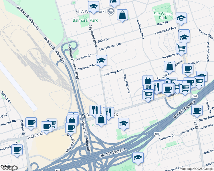 map of restaurants, bars, coffee shops, grocery stores, and more near 59 Vinci Crescent in Toronto