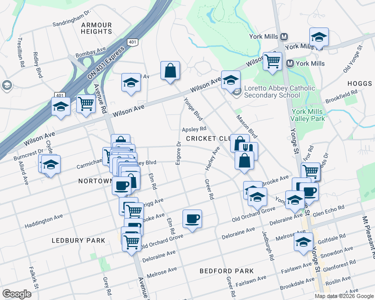 map of restaurants, bars, coffee shops, grocery stores, and more near 127 Ridley Boulevard in Toronto