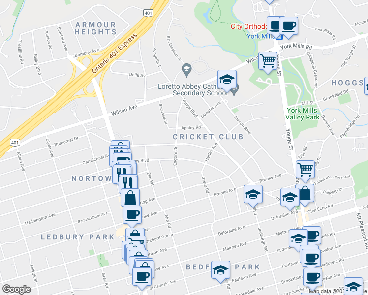 map of restaurants, bars, coffee shops, grocery stores, and more near in Toronto