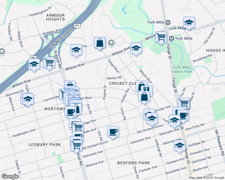 map of restaurants, bars, coffee shops, grocery stores, and more near in Toronto