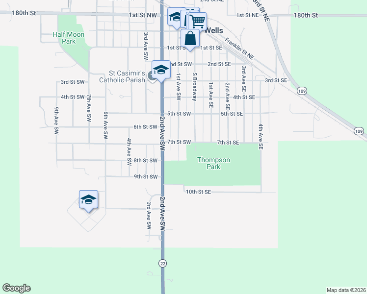 map of restaurants, bars, coffee shops, grocery stores, and more near 71 7th Street Southeast in Wells