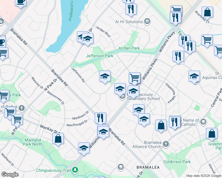 map of restaurants, bars, coffee shops, grocery stores, and more near 48 Jefferson Road in Brampton