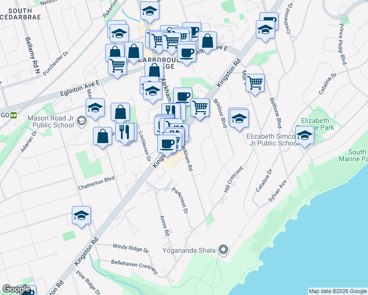 map of restaurants, bars, coffee shops, grocery stores, and more near 90 Markham Road in Toronto