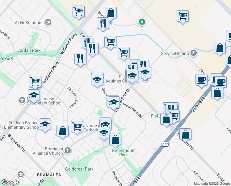 map of restaurants, bars, coffee shops, grocery stores, and more near 21 Gondola Crescent in Brampton