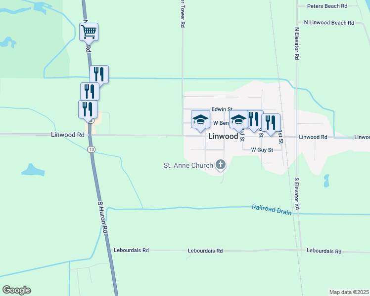 map of restaurants, bars, coffee shops, grocery stores, and more near 517 West Center Street in Linwood