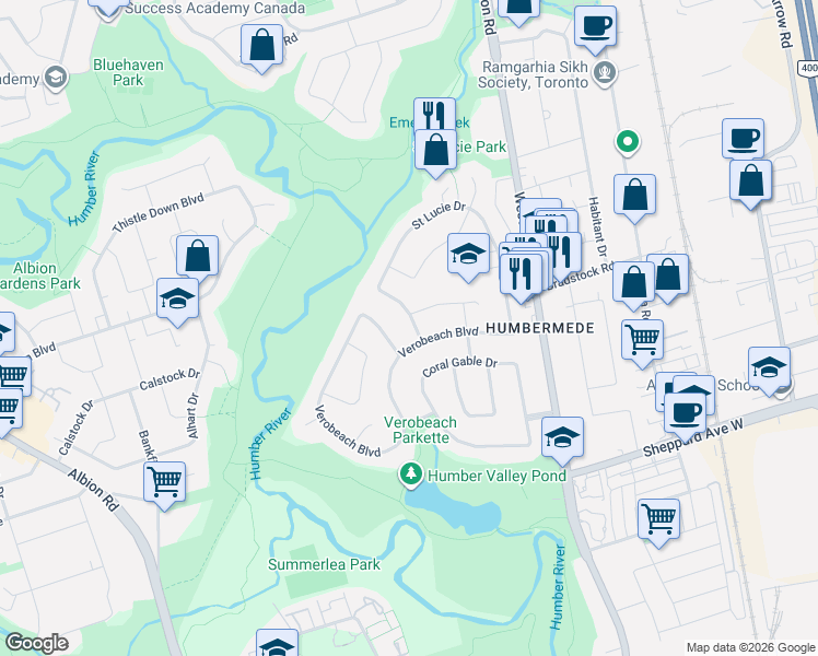 map of restaurants, bars, coffee shops, grocery stores, and more near 187 Saint Lucie Drive in Toronto