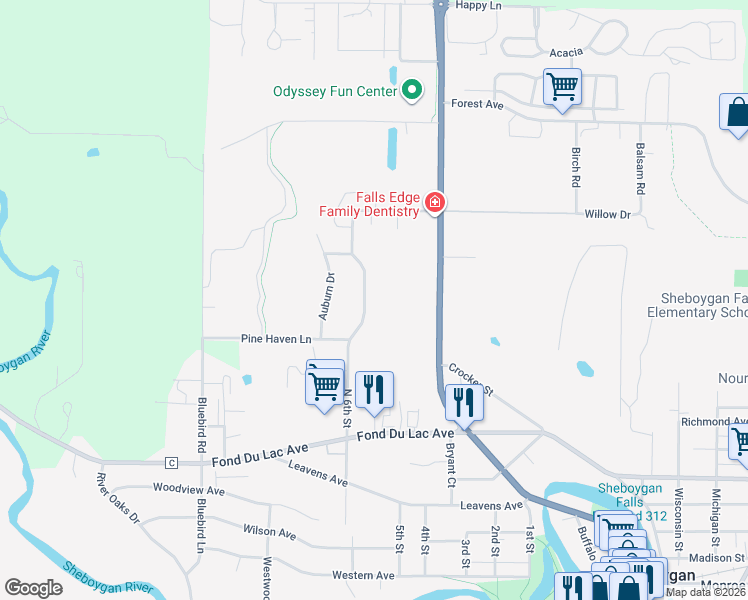 map of restaurants, bars, coffee shops, grocery stores, and more near 231 North 6th Street in Sheboygan Falls