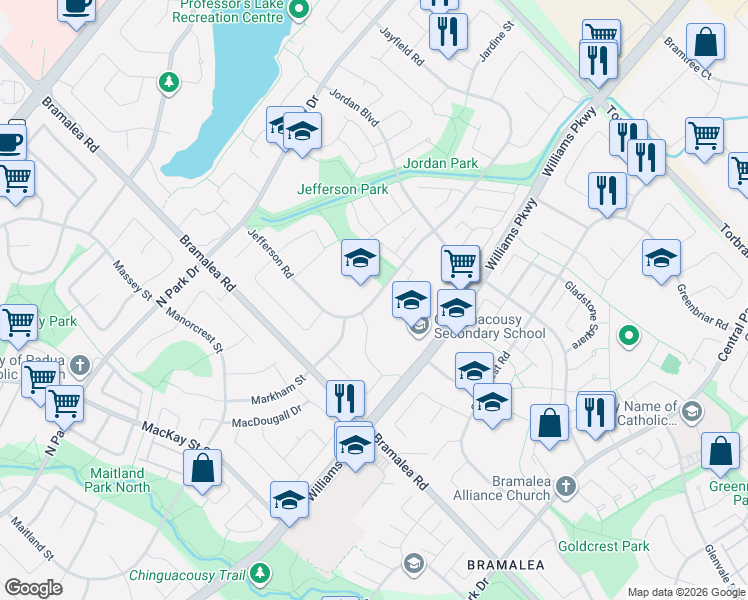 map of restaurants, bars, coffee shops, grocery stores, and more near Jefferson Road in Brampton