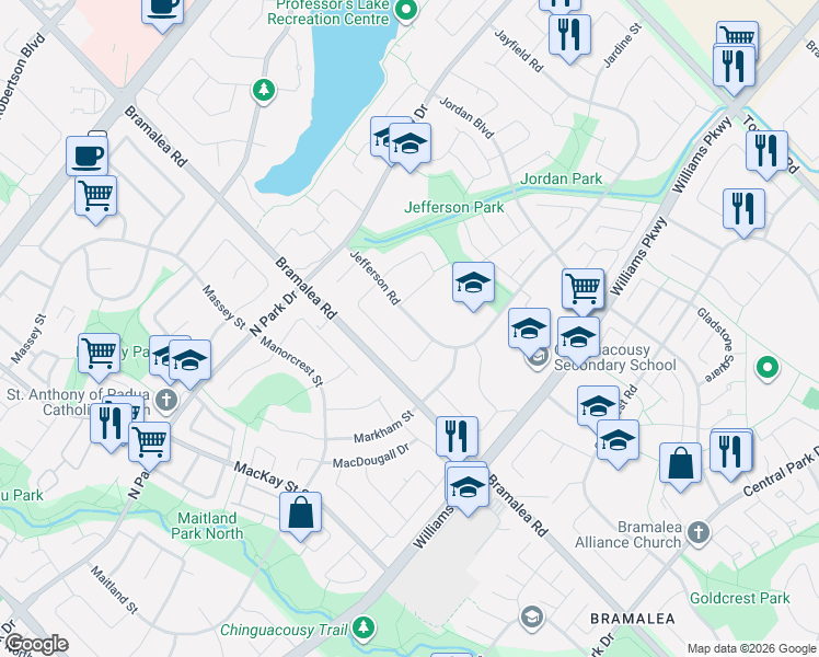 map of restaurants, bars, coffee shops, grocery stores, and more near 22 Jefferson Road in Brampton