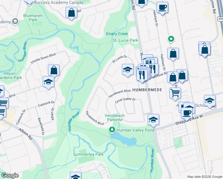map of restaurants, bars, coffee shops, grocery stores, and more near 205 Saint Lucie Drive in Toronto