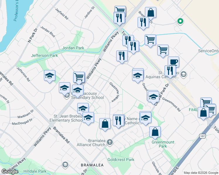 map of restaurants, bars, coffee shops, grocery stores, and more near 4 Gatsby Square in Brampton
